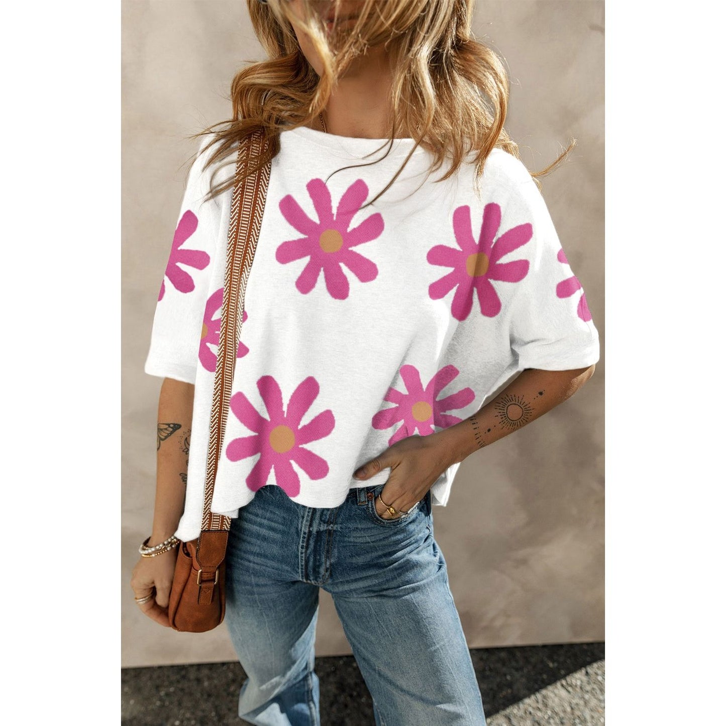 Flower Round Neck Half Sleeve T-Shirt