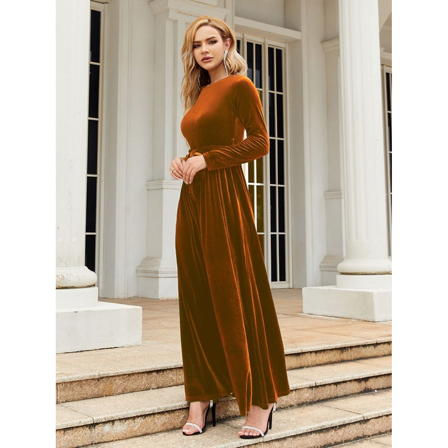 Tie Front Round Neck Long Sleeve Maxi Dress