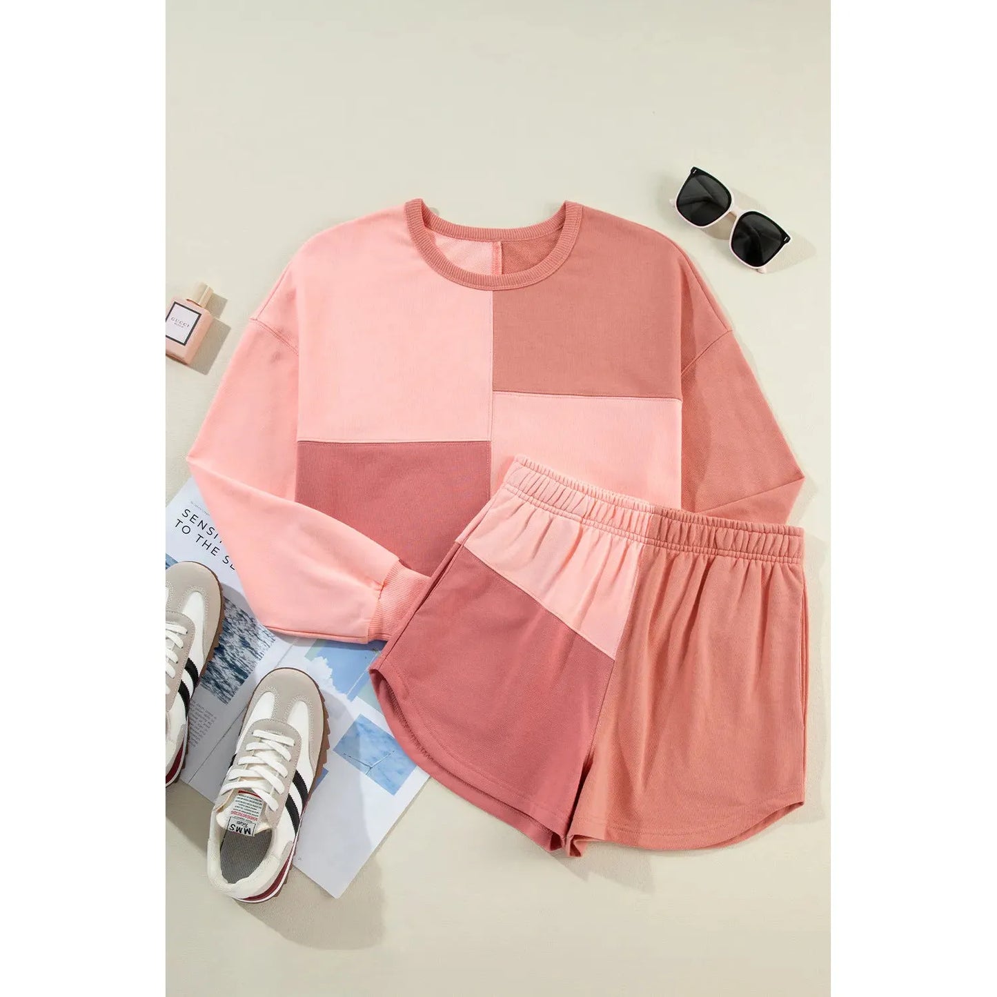 Color Block Round Neck Top and Shorts Set