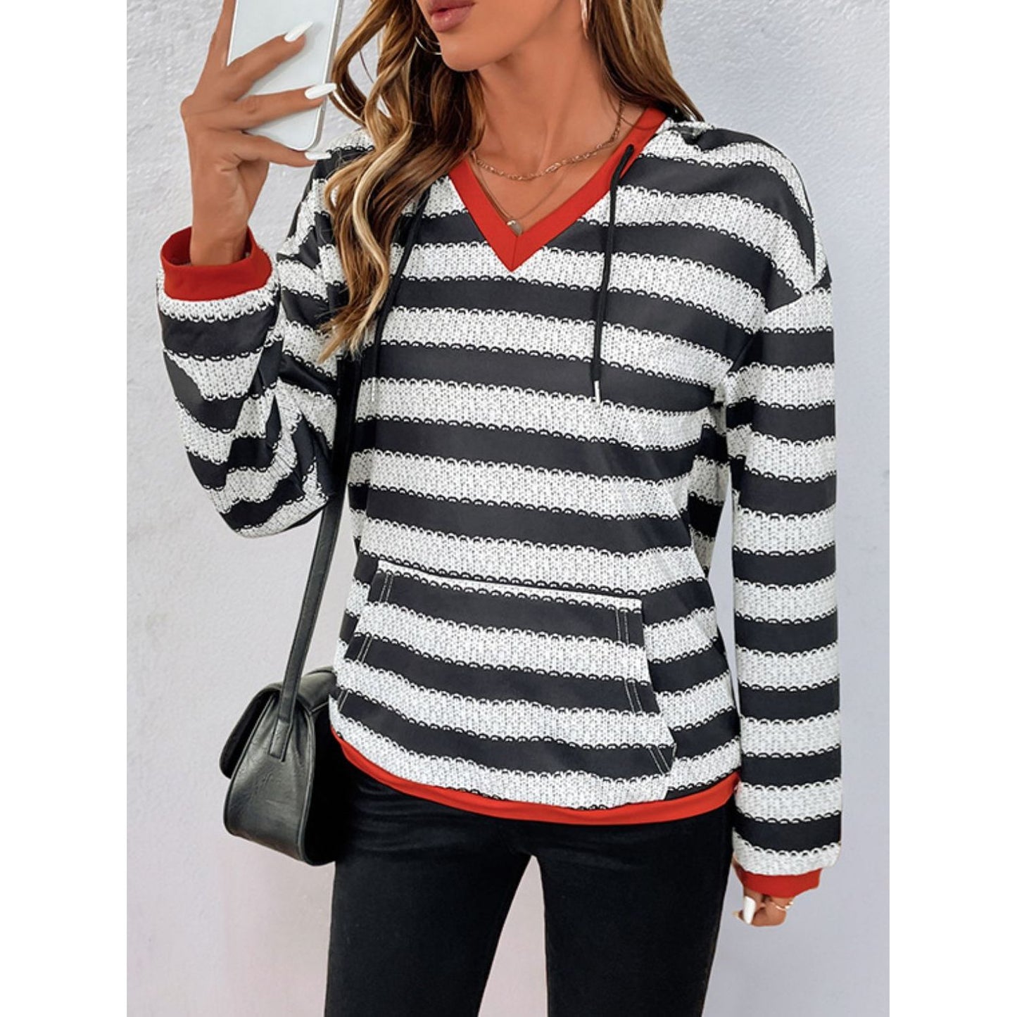 Perfee Contrast Striped Long Sleeve Hoodie