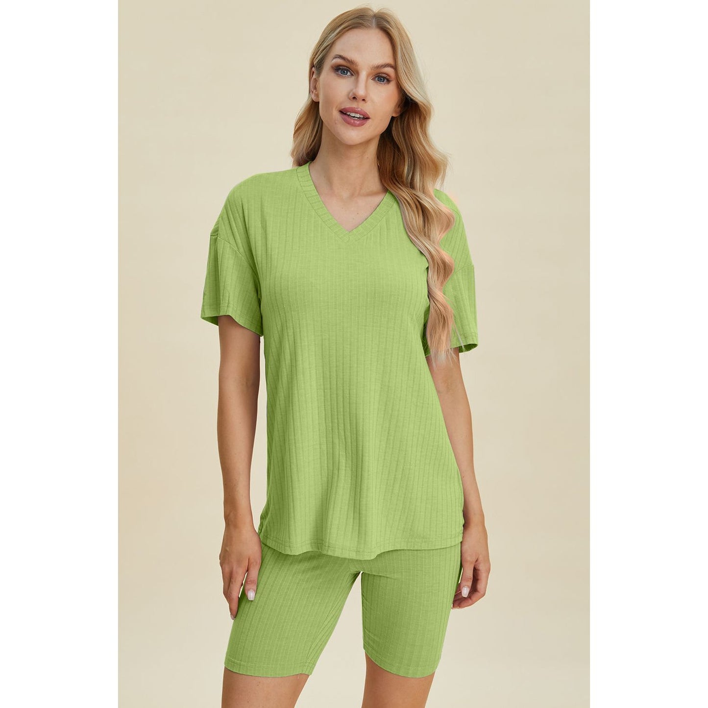 Basic Bae Full Size Ribbed V-Neck Short Sleeve Top and Shorts Set