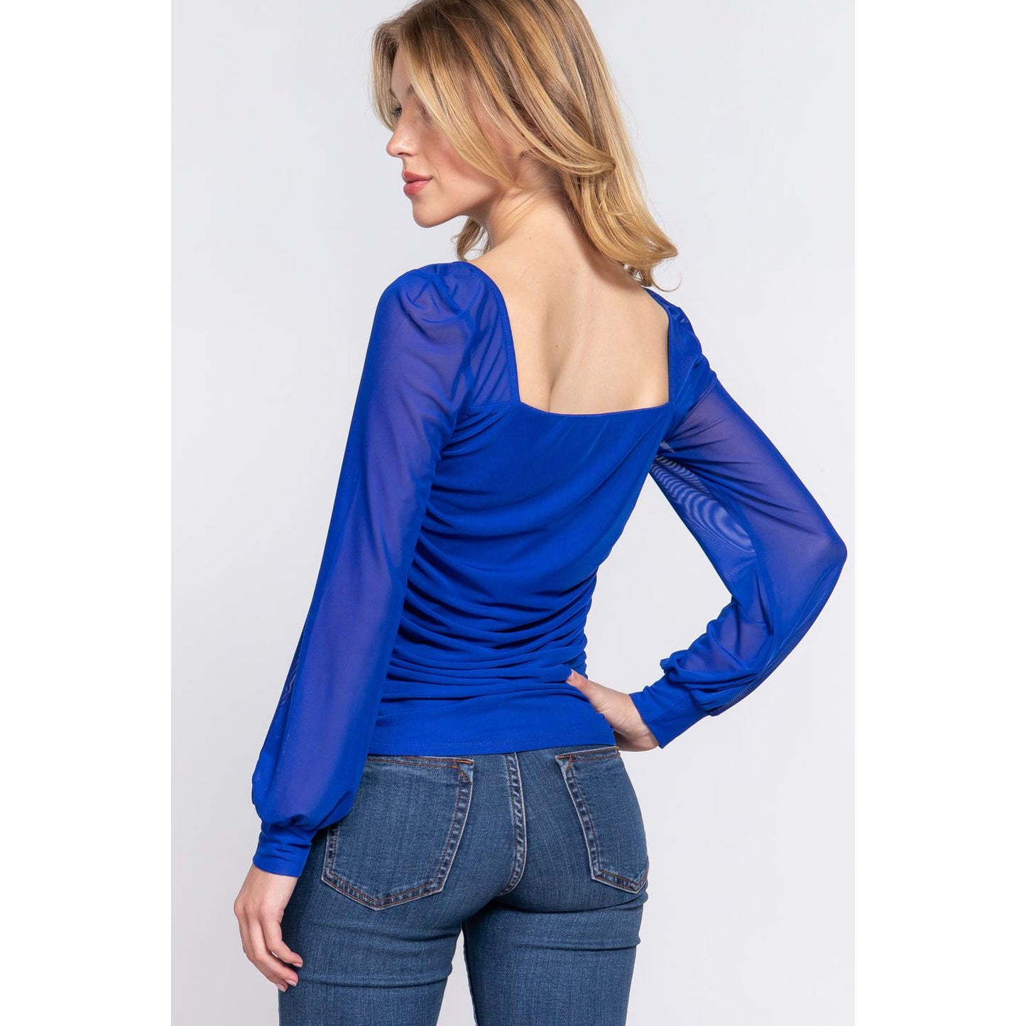 ACTIVE BASIC Square Neck Mesh Long Sleeve Shirring Top