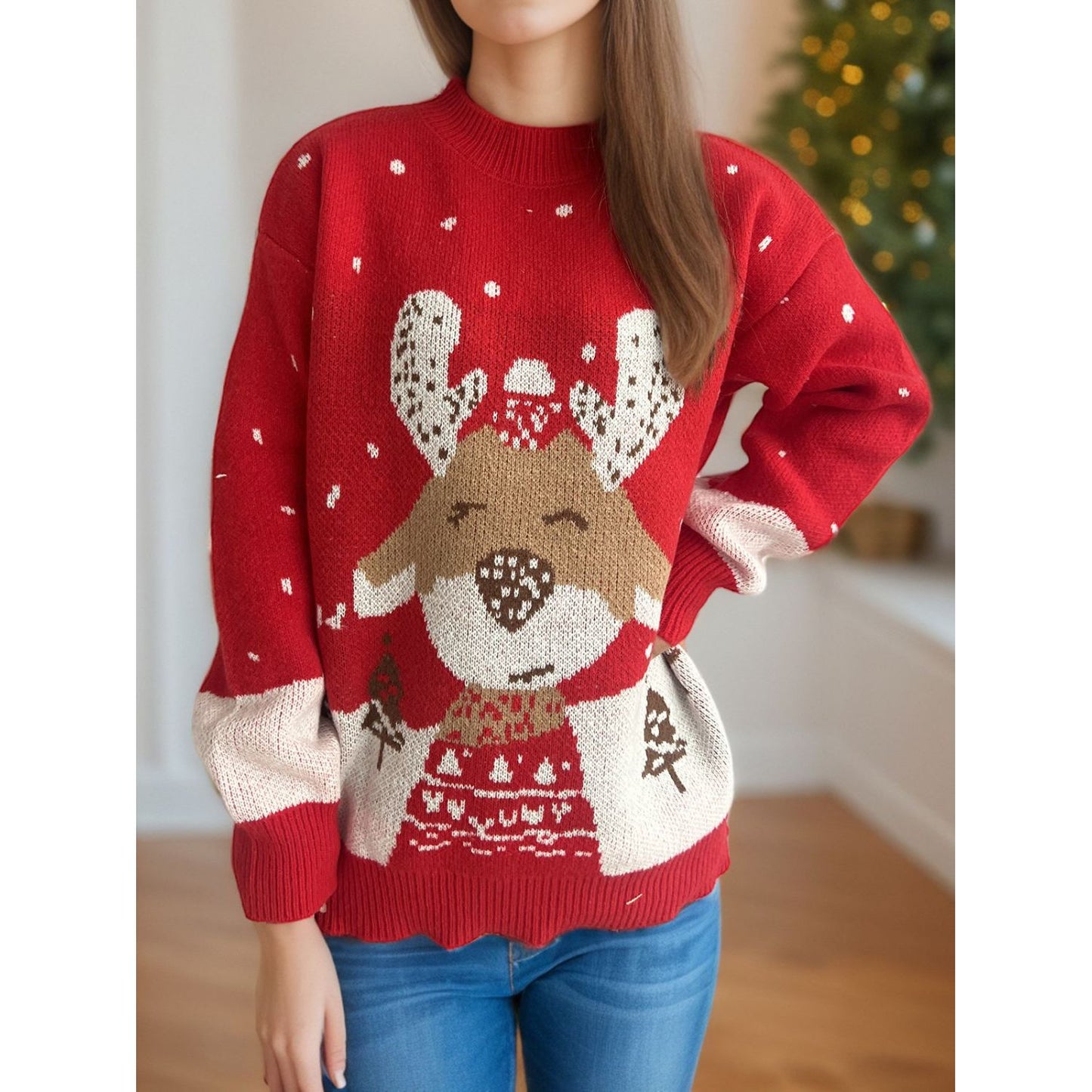 Reindeer Mock Neck Long Sleeve Sweater