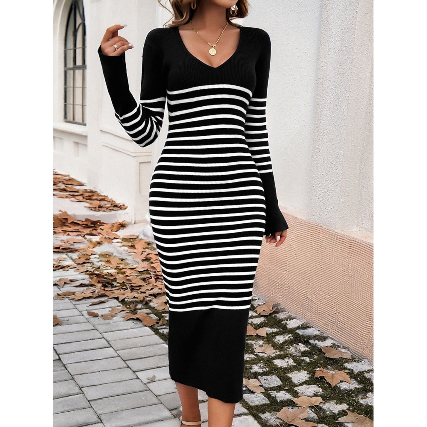 Devine Striped V-Neck Long Sleeve Sweater Dress