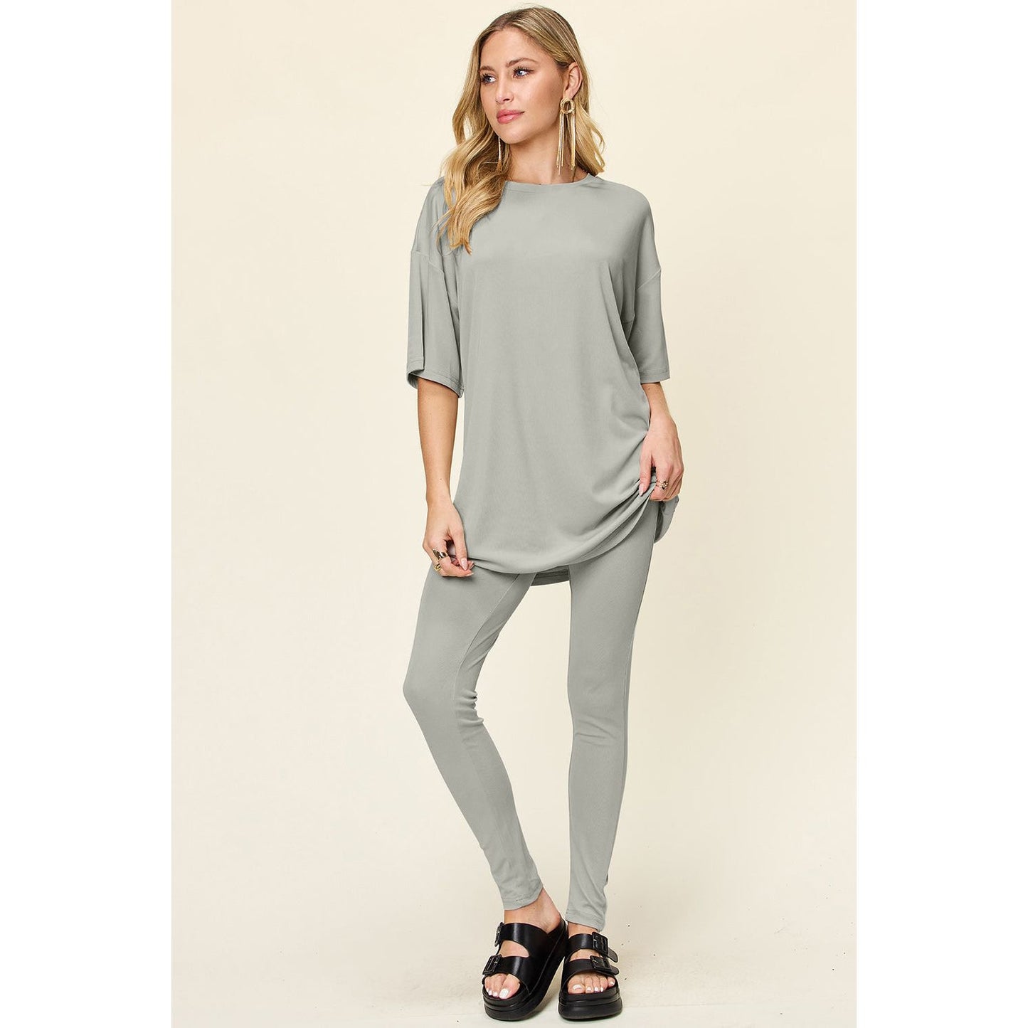 Double Take Full Size Round Neck Dropped Shoulder T-Shirt and Leggings Set