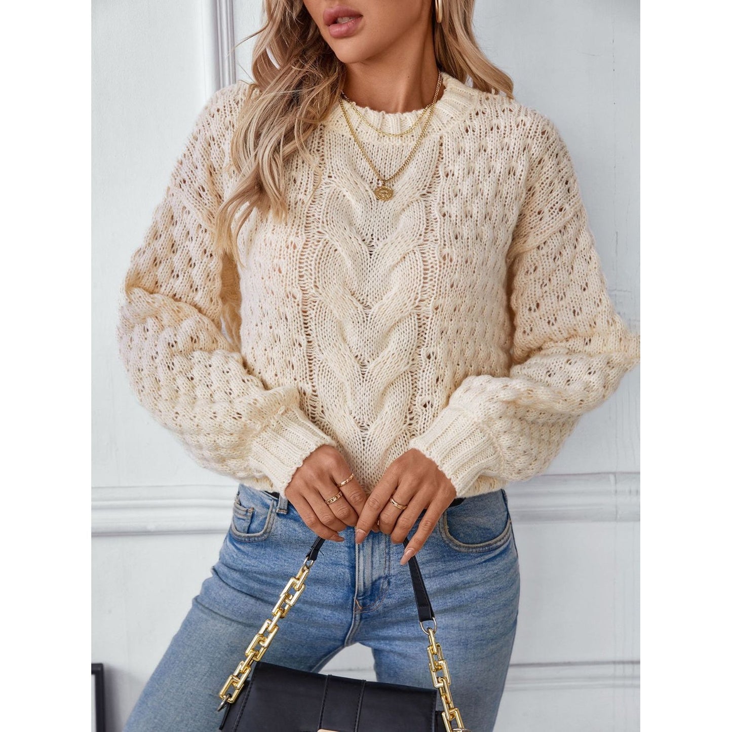 Cable-Knit Round Neck Long Sleeve Sweater