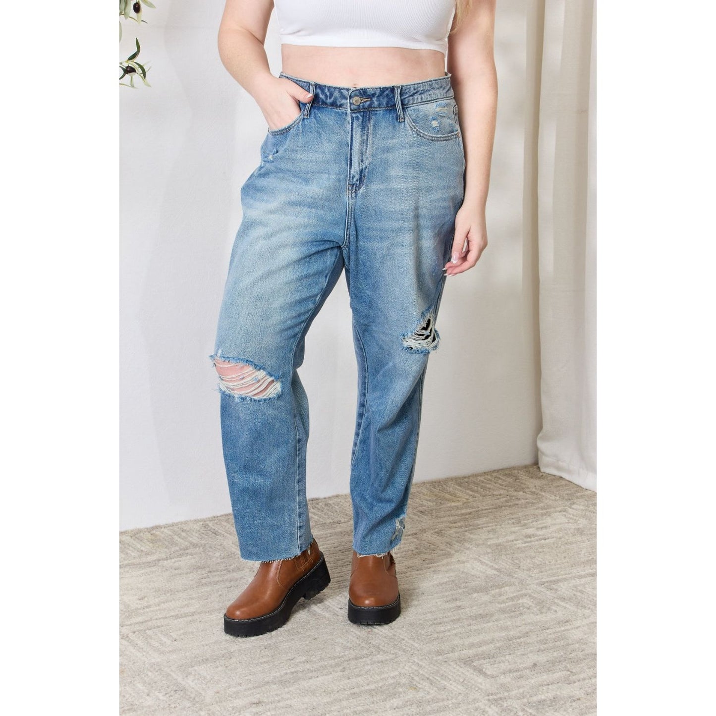 Judy Blue Full Size Distressed Raw Hem Straight Jeans