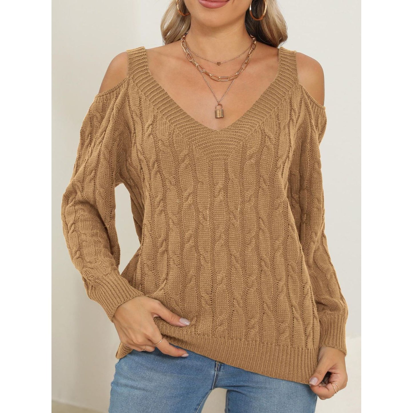 Cable-Knit V-Neck Long Sleeve Sweater