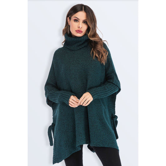 Tied Turtleneck Asymmetrical Hem Sweater