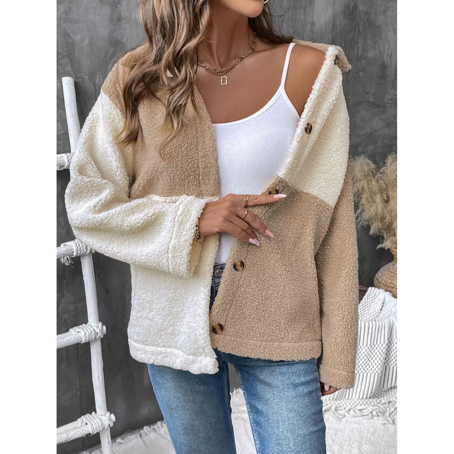 Perfee Color Block Collared Neck Long Sleeve Jacket