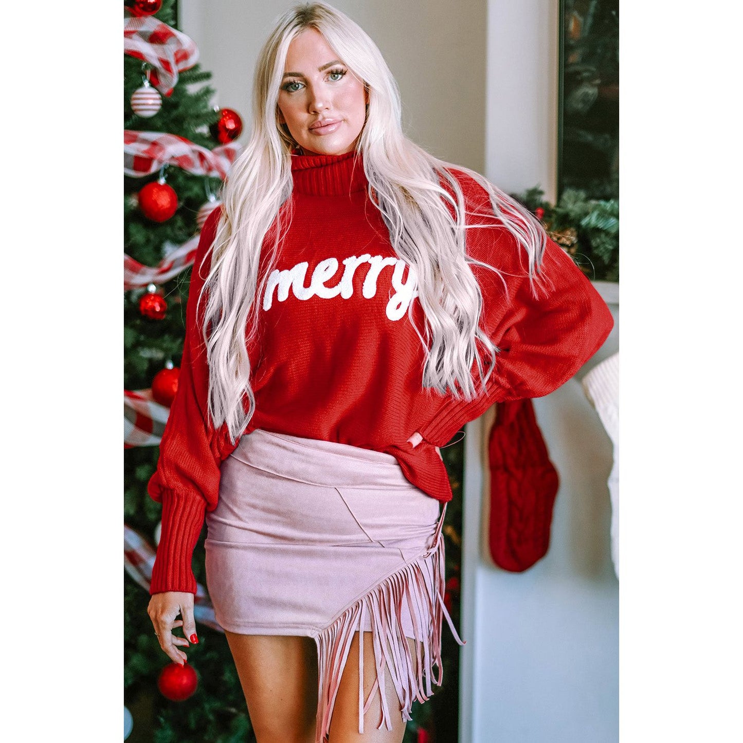 Double Take Full Size Merry Christmas Turtleneck Long Sleeve Sweater