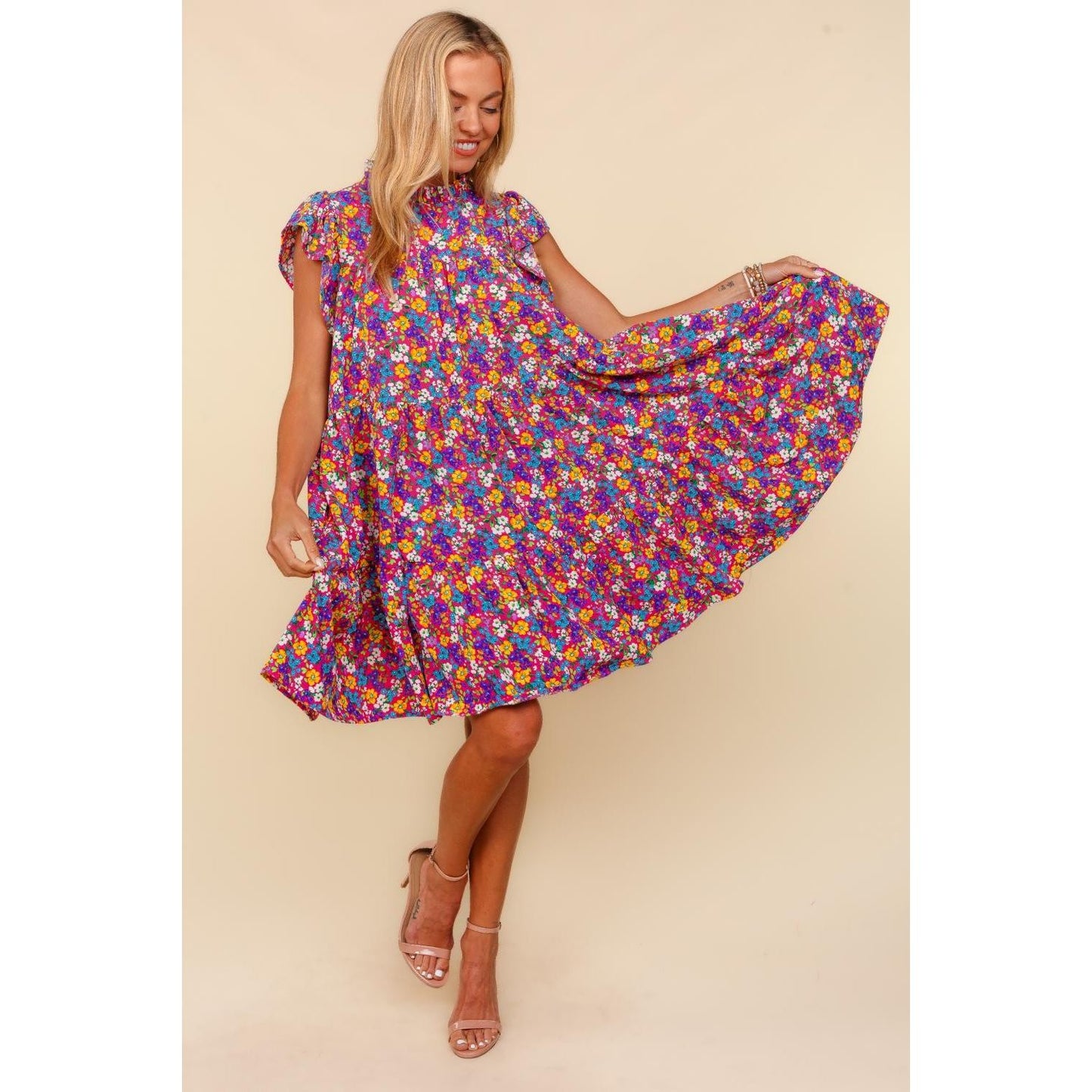 Haptics Frilled Mock Neck Ditsy Floral Dress