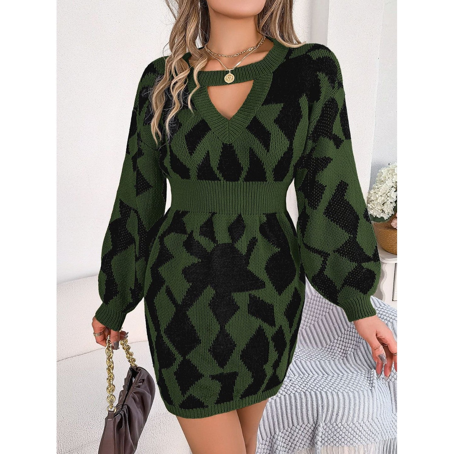 Contrast Round Neck Cutout Long Sleeve Mini Sweater Dress