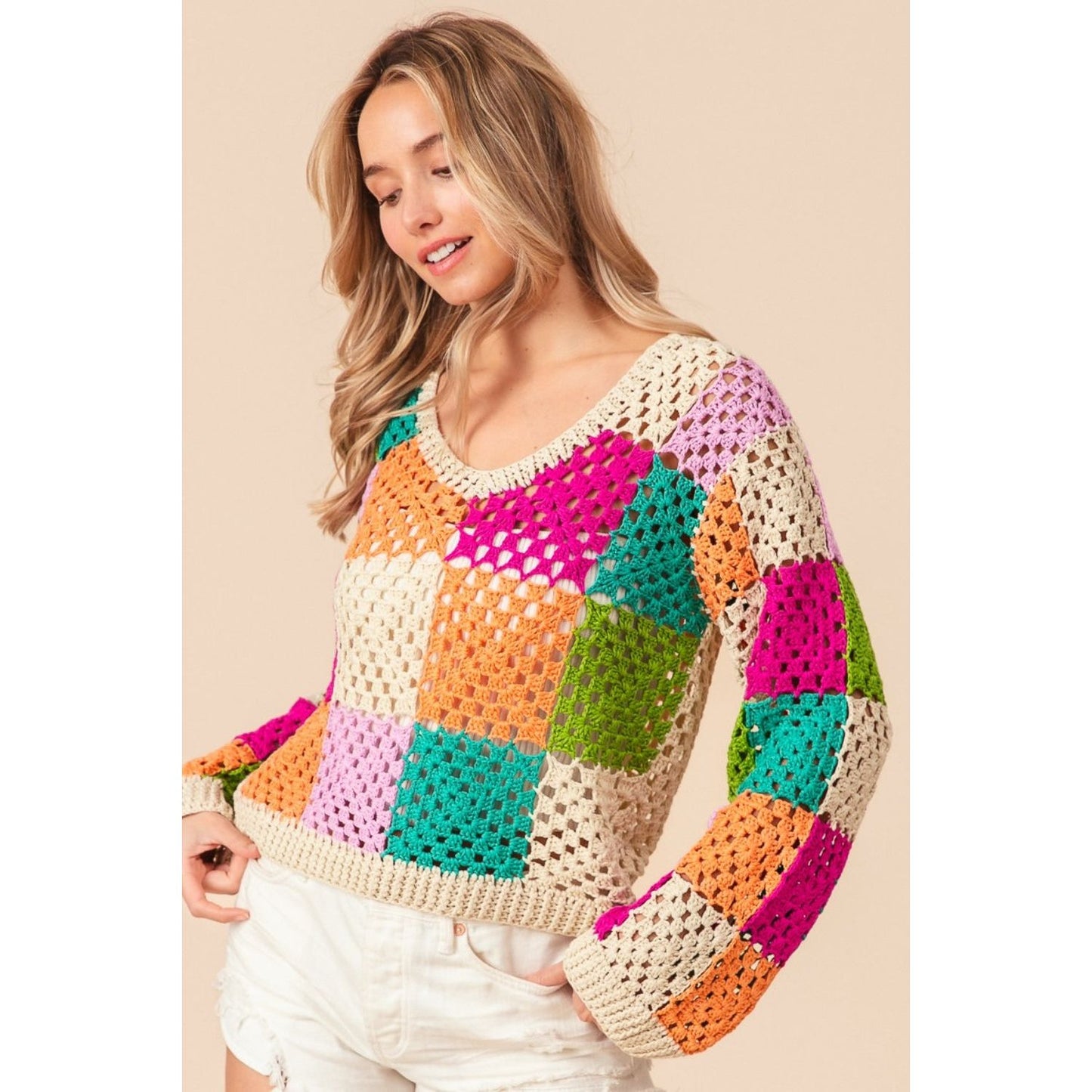 BiBi Multi Color Checkered Long Sleeve Knit Top