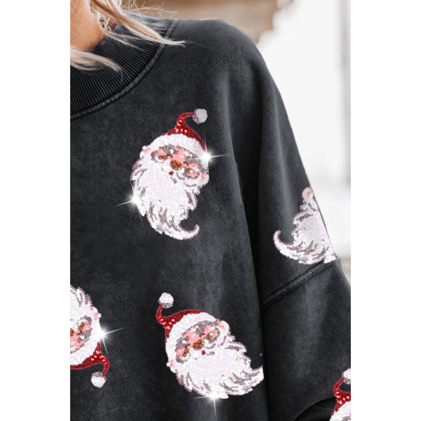 Sequin Santa Round Neck Drop Shoulder Sweatshirt