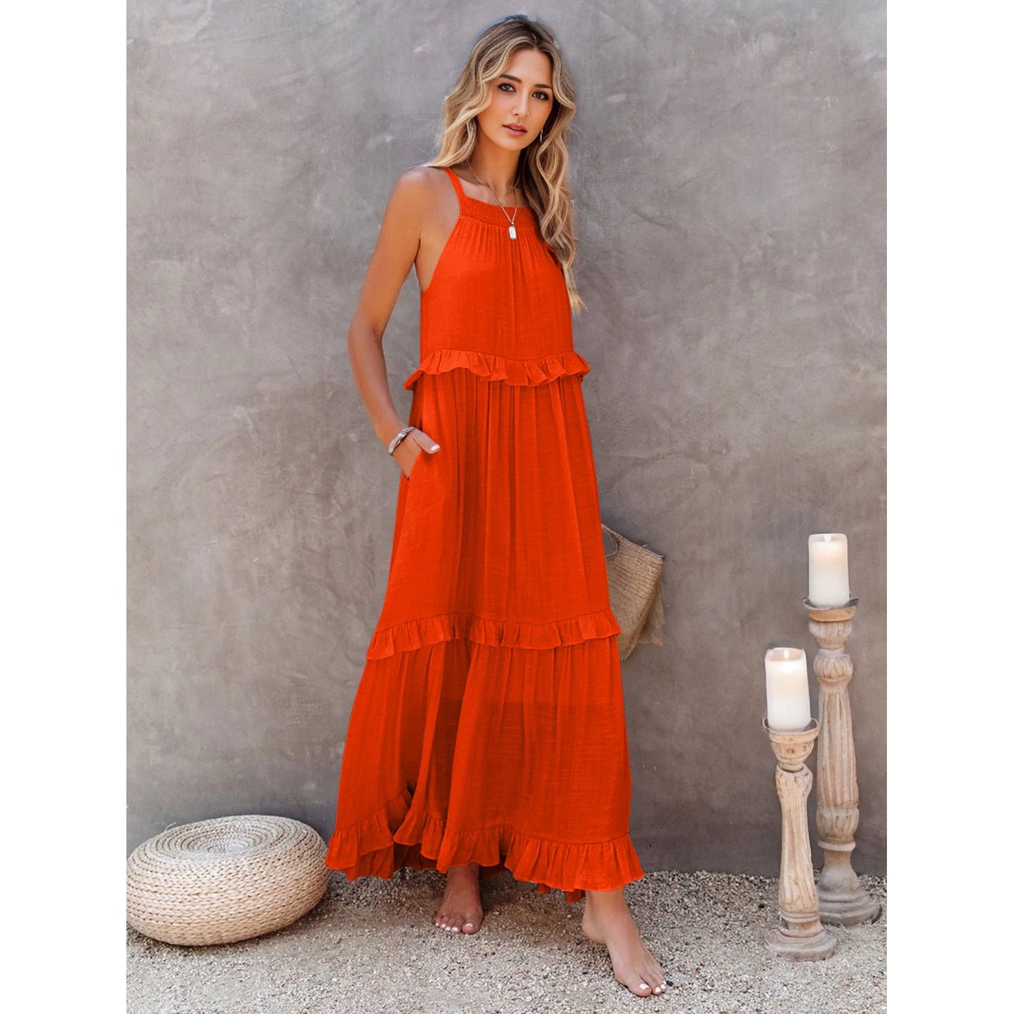 Ruffled Sleeveless Tiered Maxi Dress with Pockets