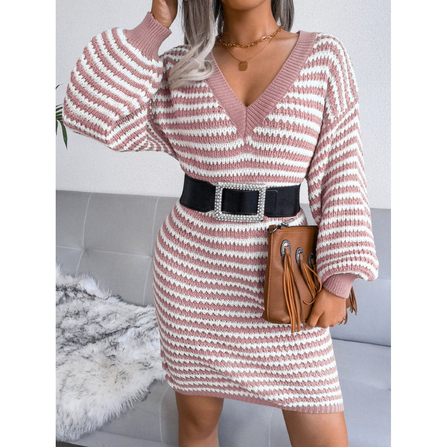 Striped V-Neck Long Sleeve Mini Sweater Dress