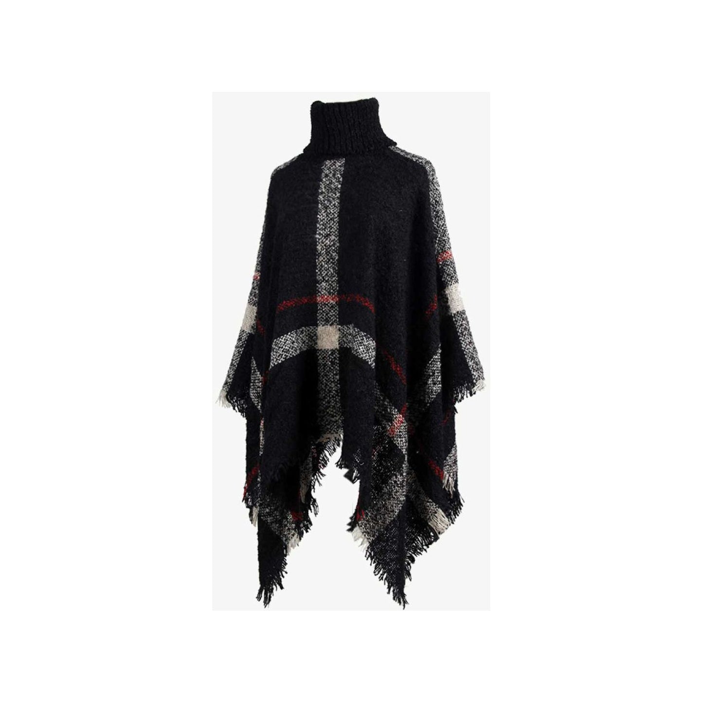 Plaid Turtleneck Raw Hem Poncho