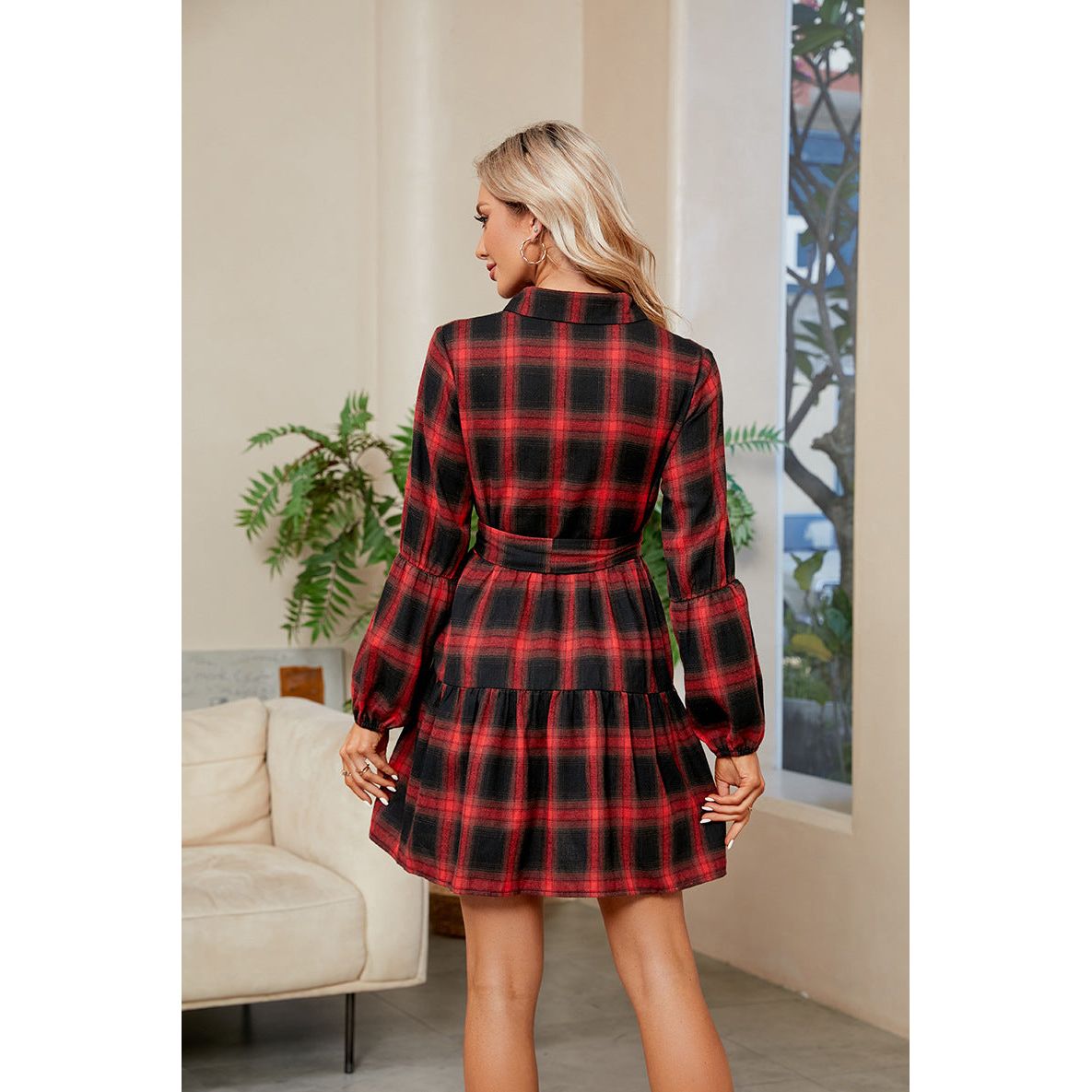 Plaid Print Tie Waist Collared Neck Shirt Dress