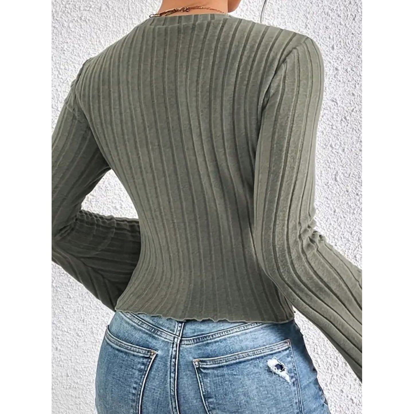 Ribbed Round Neck Flare Sleeve T-Shirt