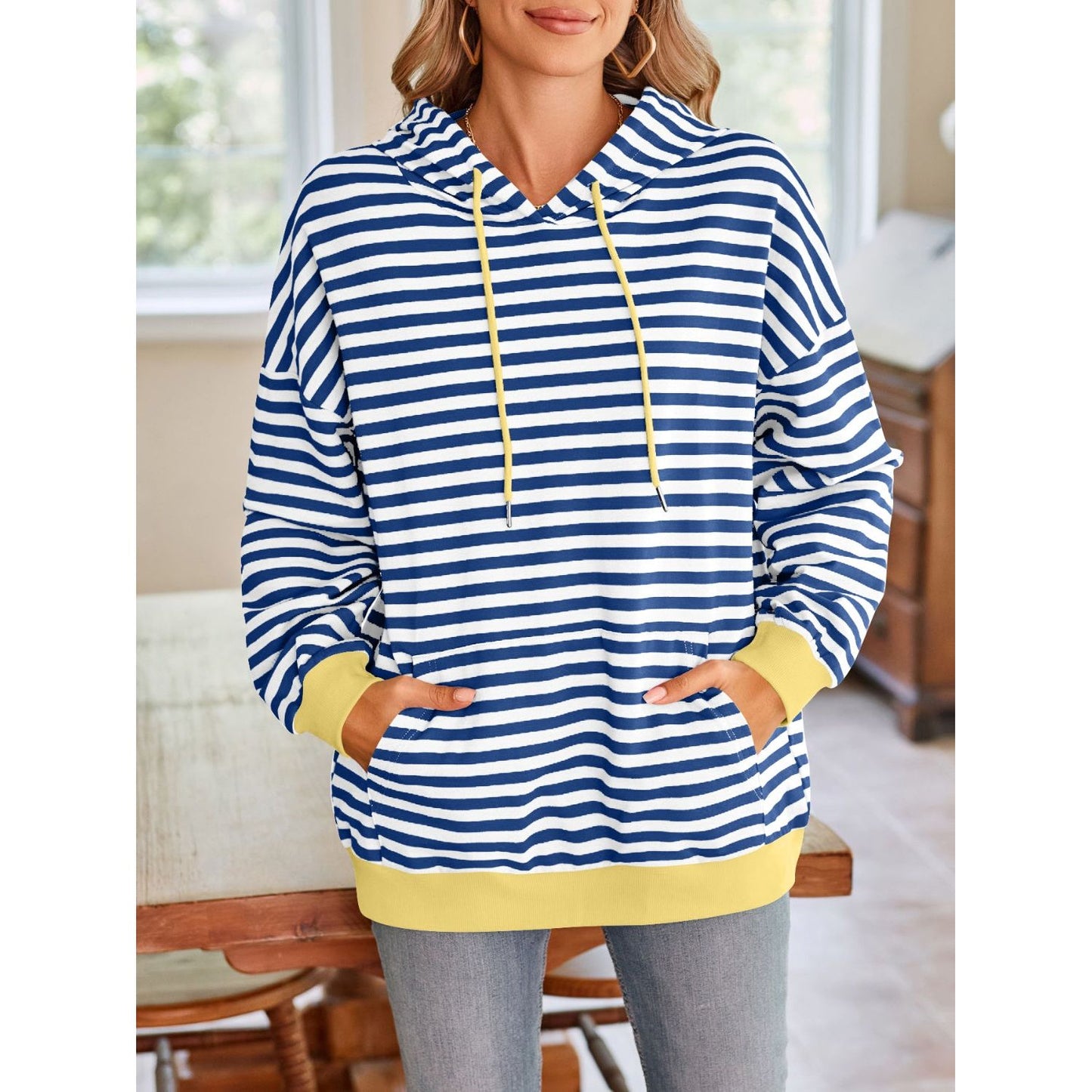 Lovelet Drawstring Striped Long Sleeve Hoodie