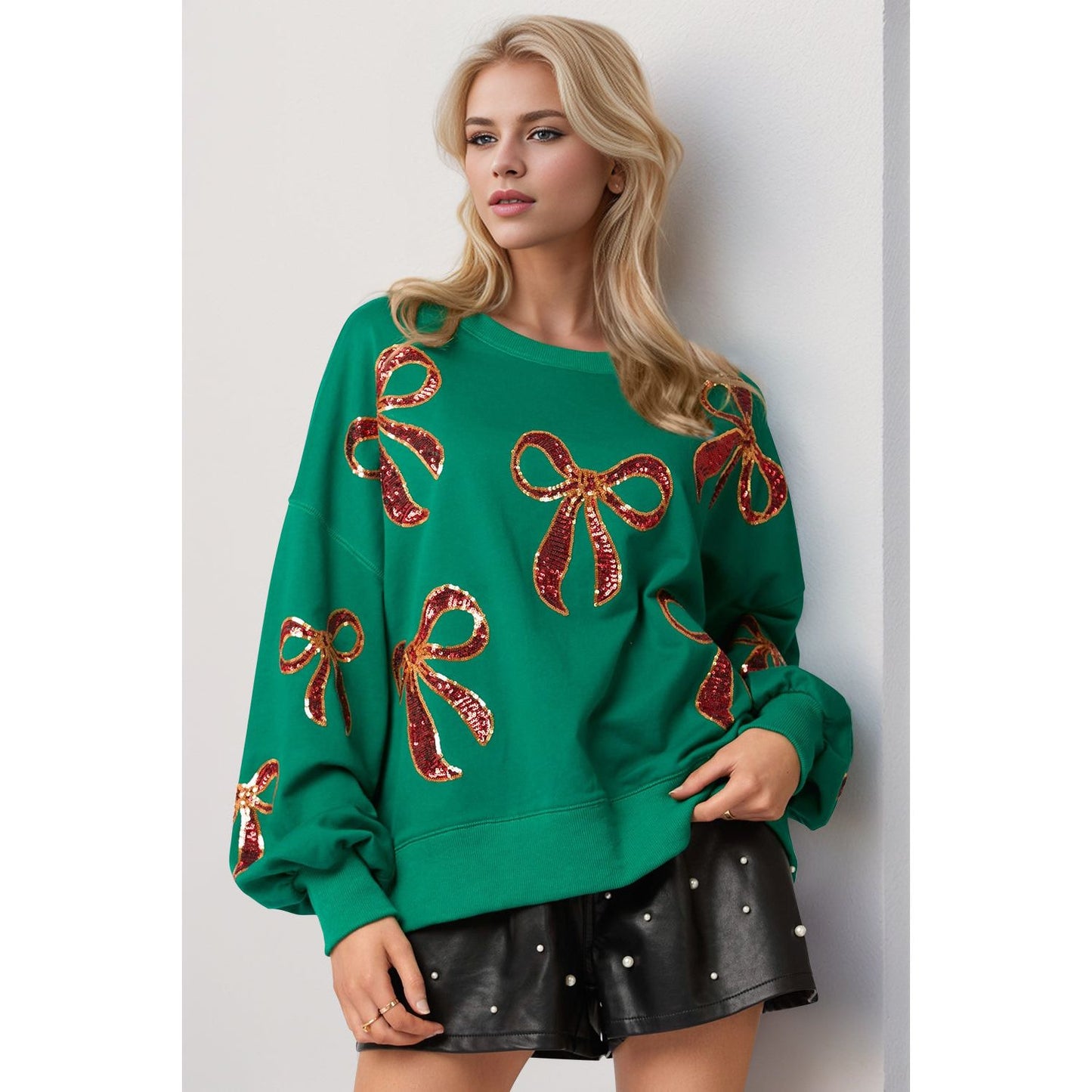 Double Take Christmas Bow Sequin Round Neck Dropped Shoulder Sweatshirt