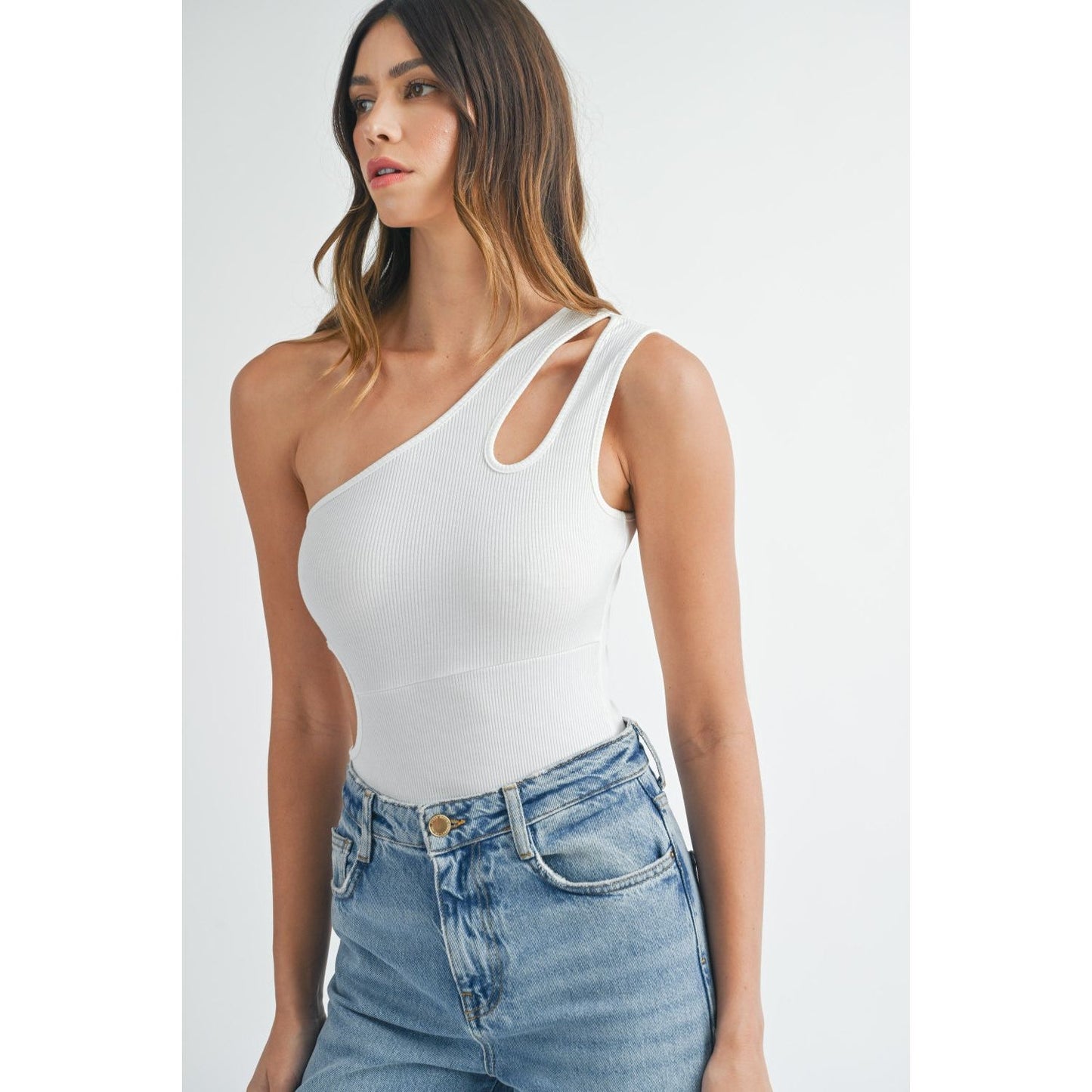 MABLE One Shoulder Ribbed Cutout Detail Bodysuit