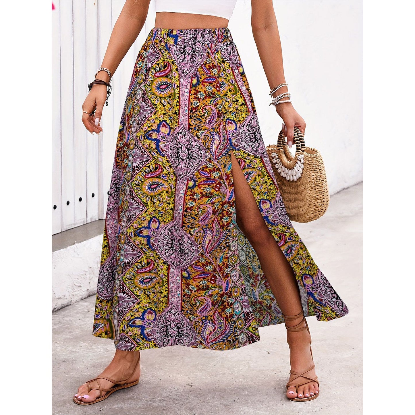 Slit Printed Elastic Waist Skirt