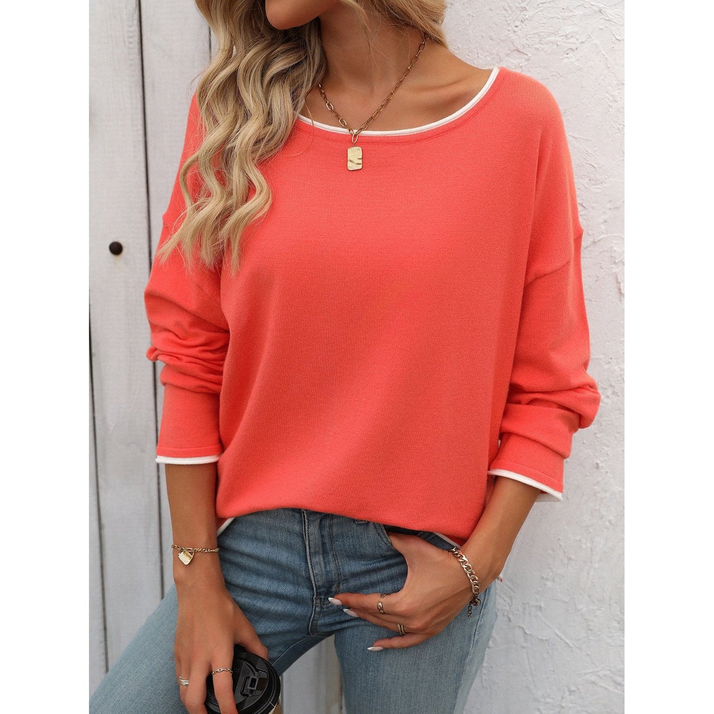 Mandy Contrast Trim Round Neck Long Sleeve Sweater