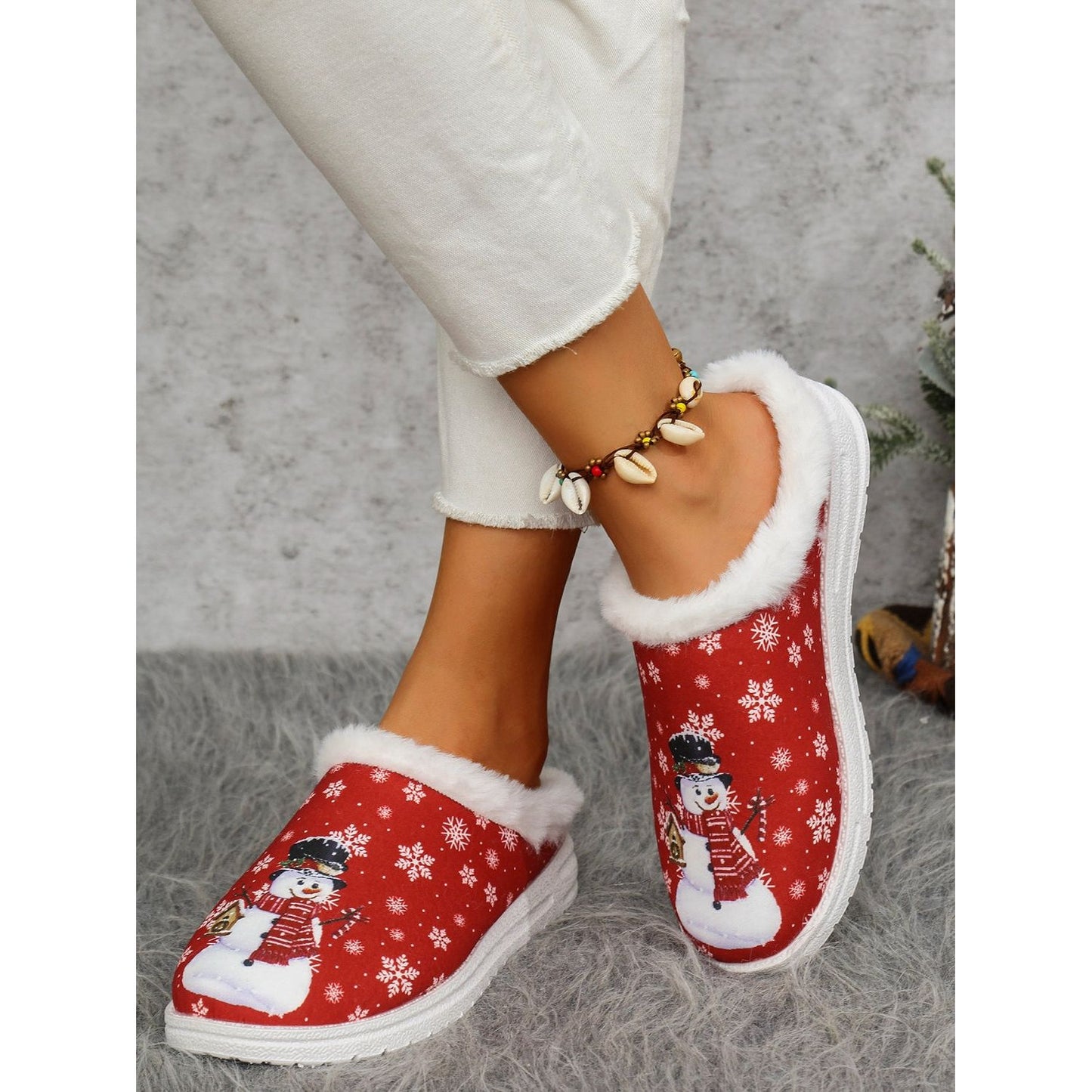 Snowman Print Flat Slippers with Faux Fur