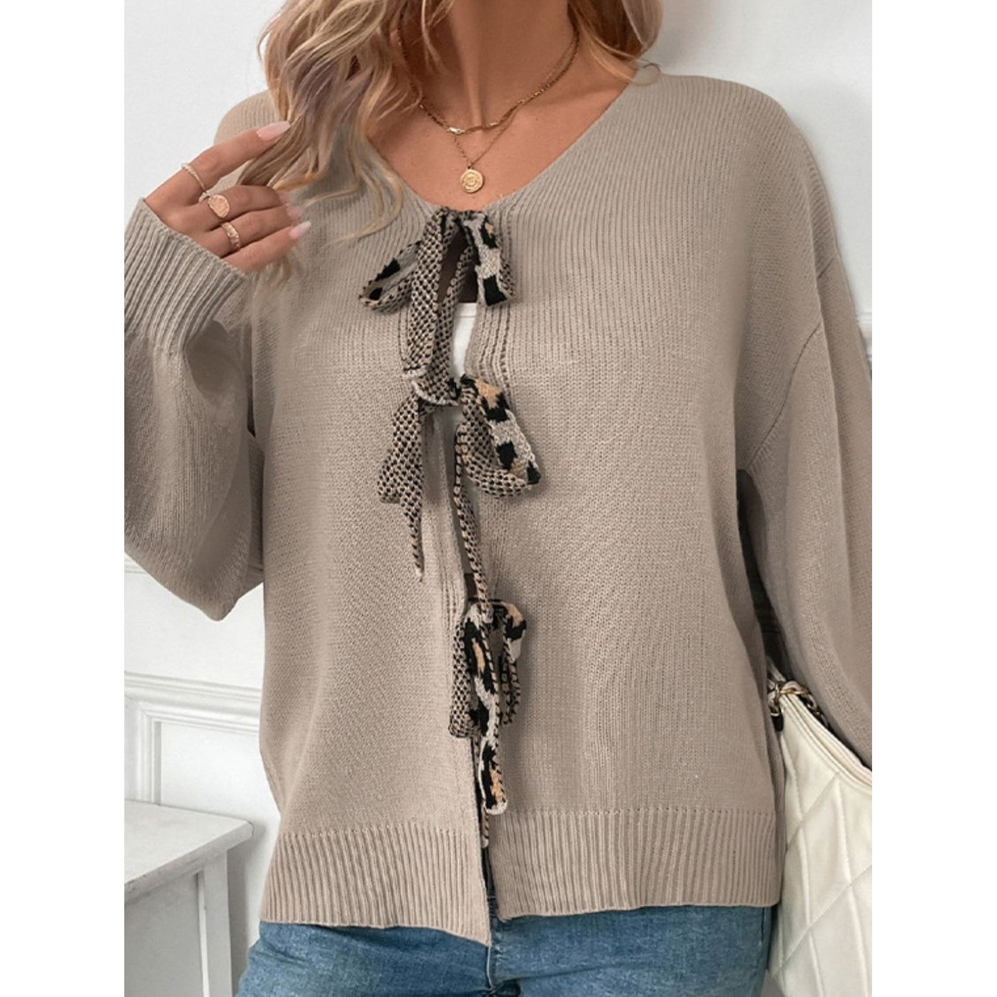 Perfee Tied Contrast Heart V-Neck Long Sleeve Cardigan