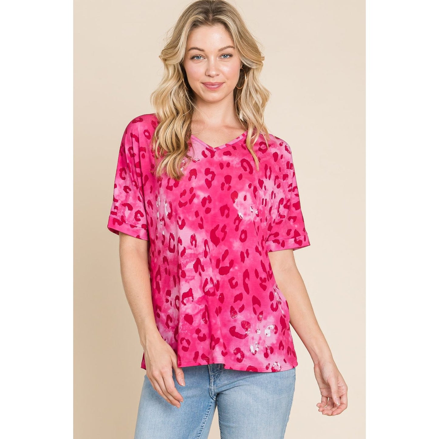 BOMBOM Leopard V-Neck Short Sleeve T-Shirt