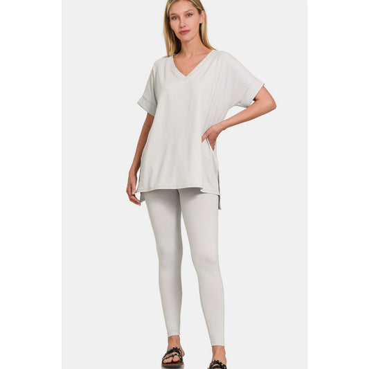 Zenana V-Neck Rolled Short Sleeve T-Shirt and Leggings Lounge Set