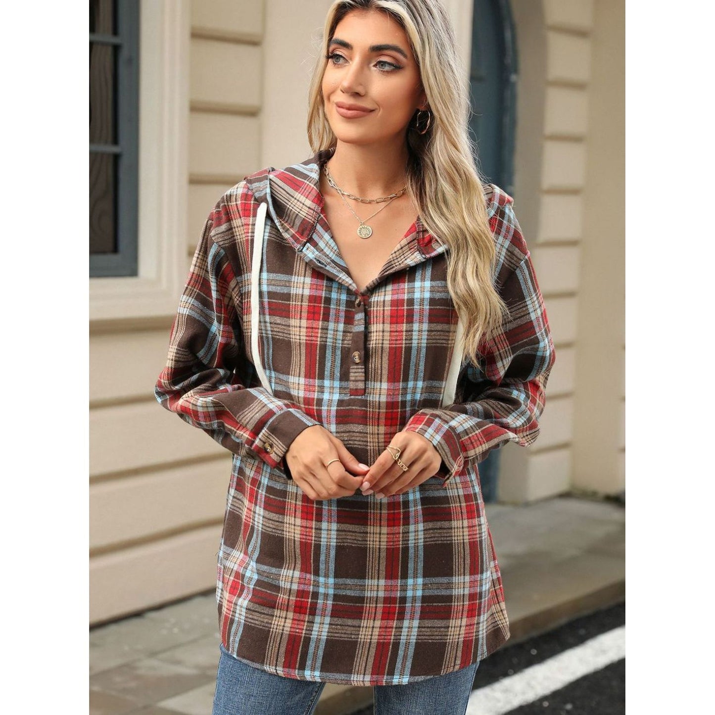 Drawstring Plaid Hooded Long Sleeve Top