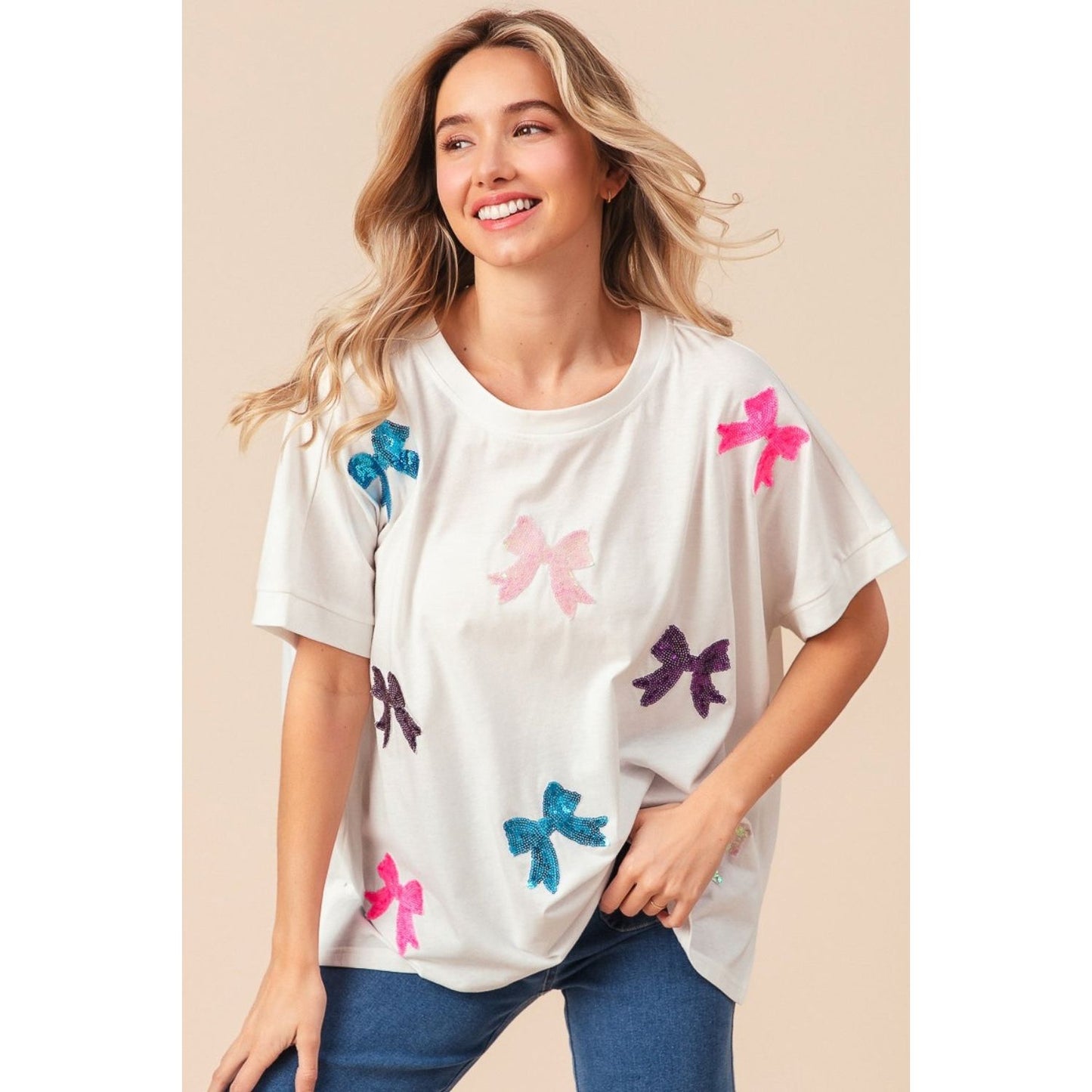 BiBi Sequin Bow Patch Short Sleeve T-Shirt