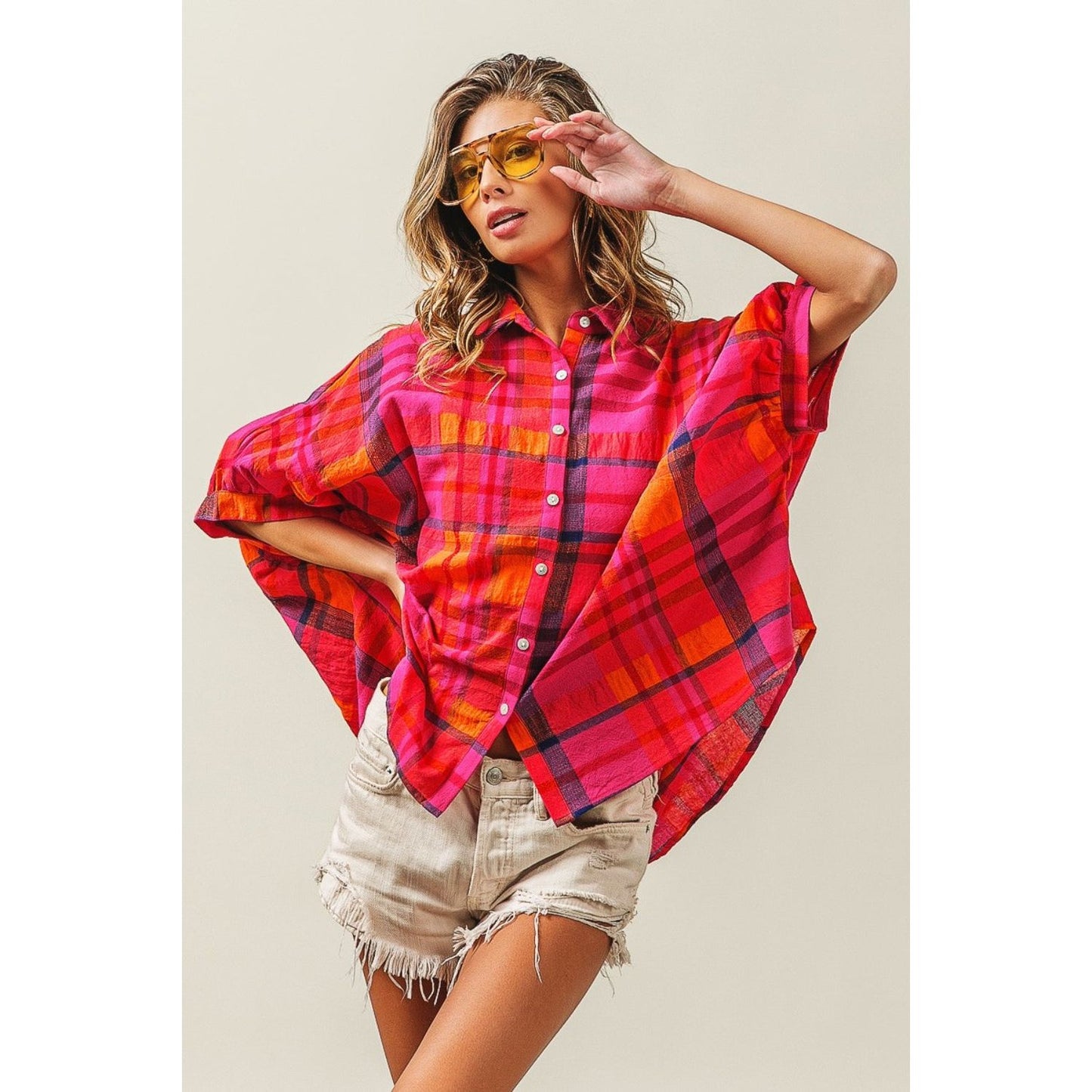 BiBi Button Up Dolman Sleeve Plaid Shirt