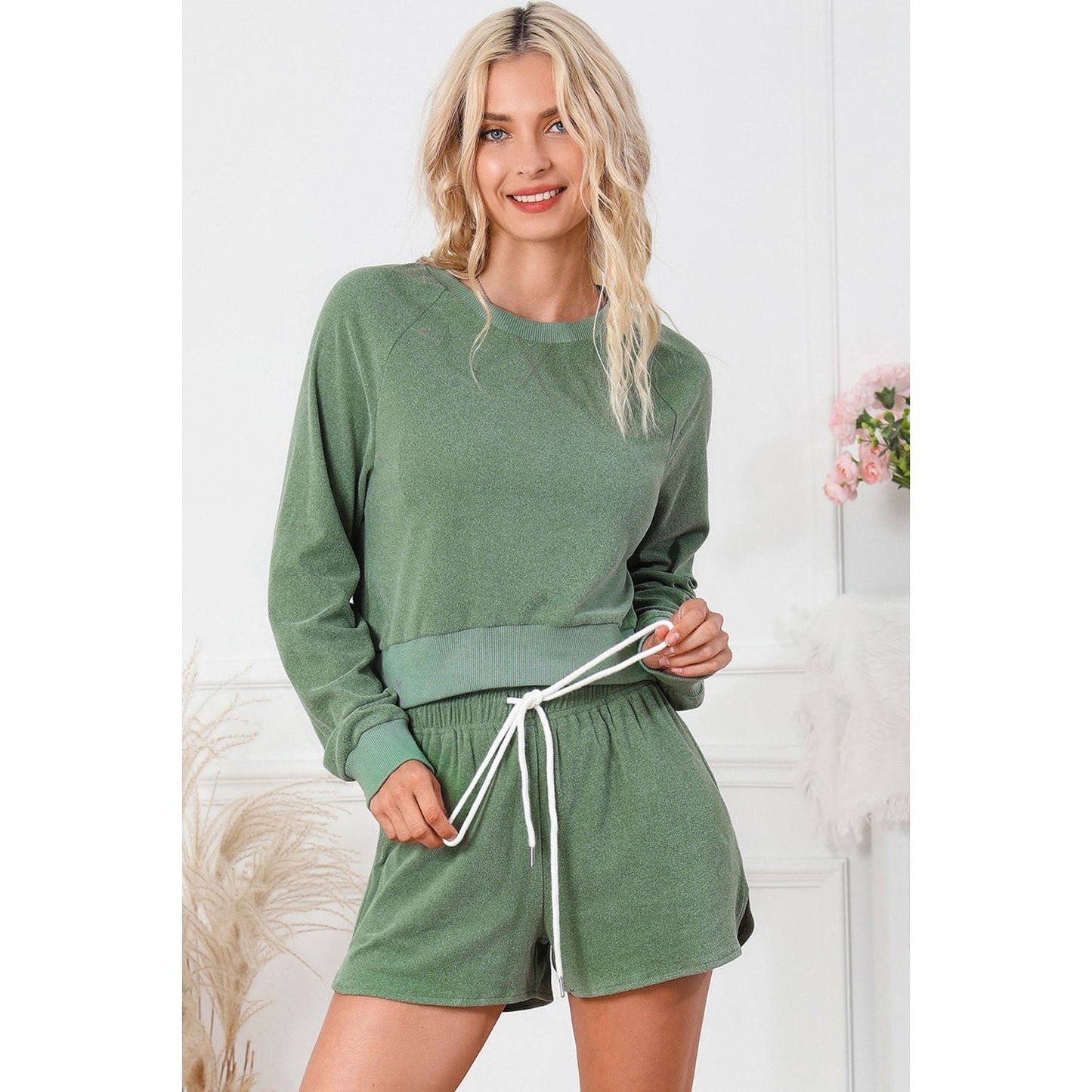 Round Neck Long Sleeve Top and Drawstring Shorts Lounge Set