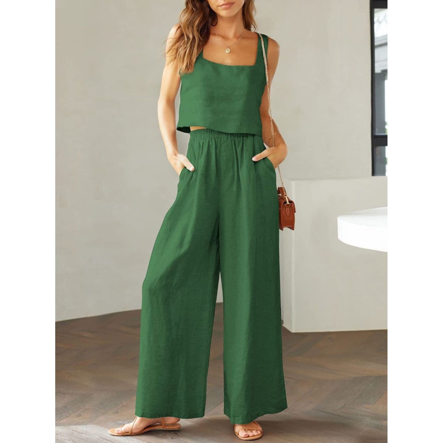 Square Neck Top and Wide Leg Pants Set