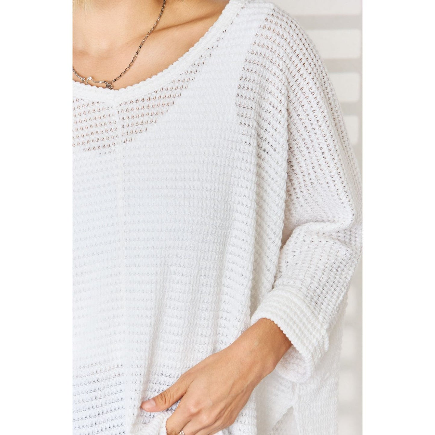 Zenana Full Size Waffle Knit V-Neck Long Sleeve Slit Top