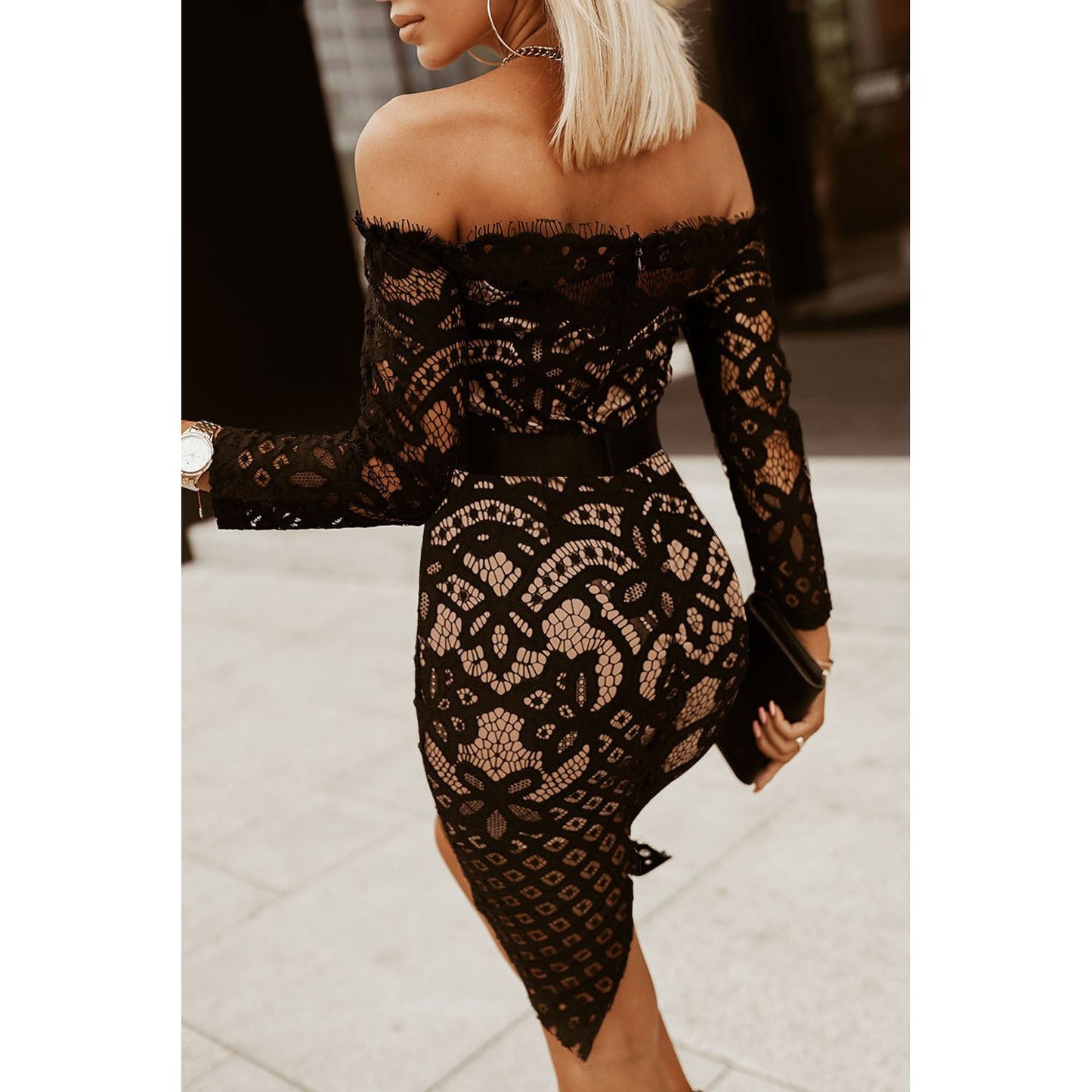 Off-Shoulder Long Sleeve Lace Dress