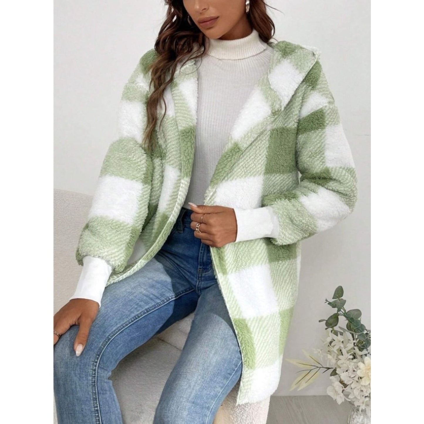 Plaid Long Sleeve Hooded Coat