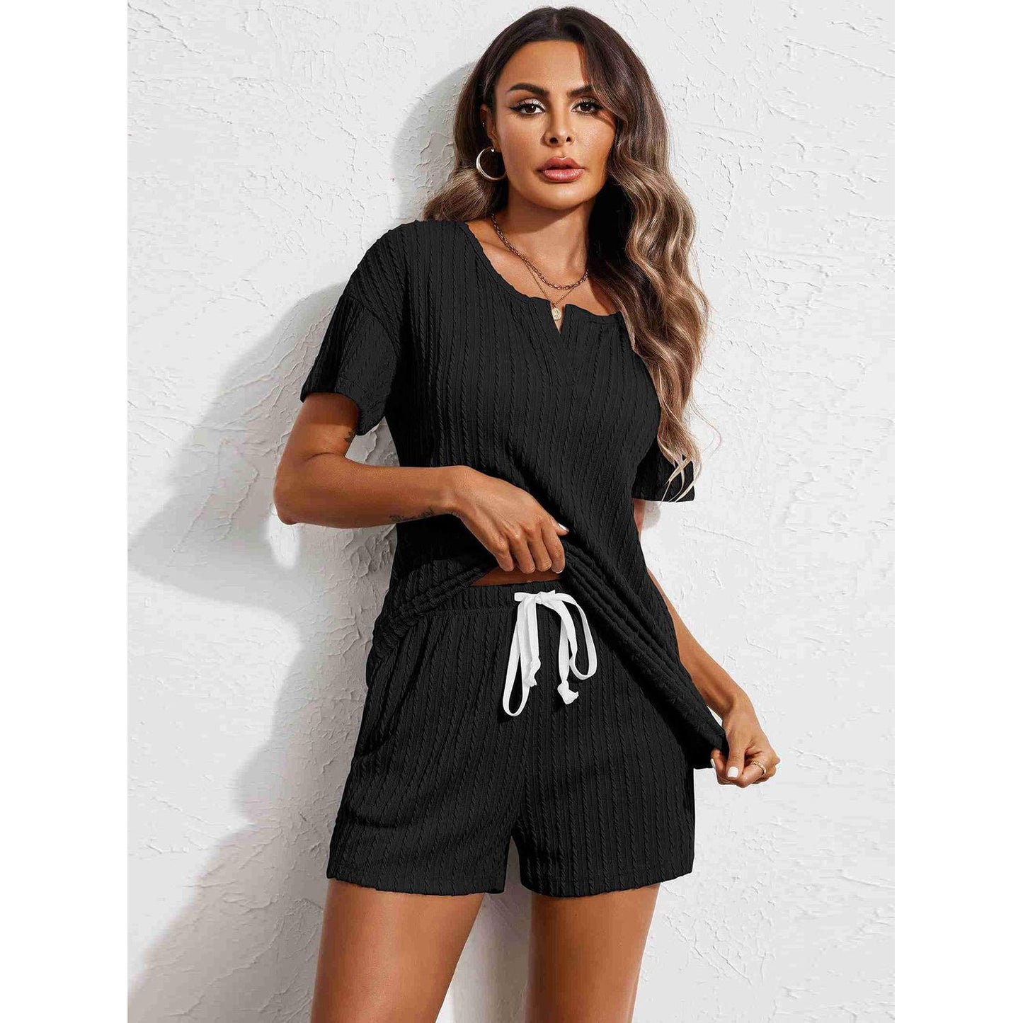 Notched Short Sleeve Top and Shorts Set