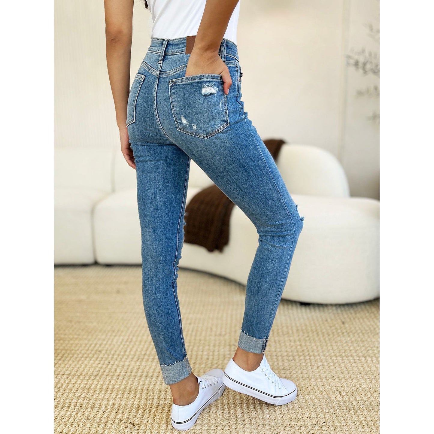 Judy Blue Full Size Mid Rise Destroy & Cuff Skinny Jeans