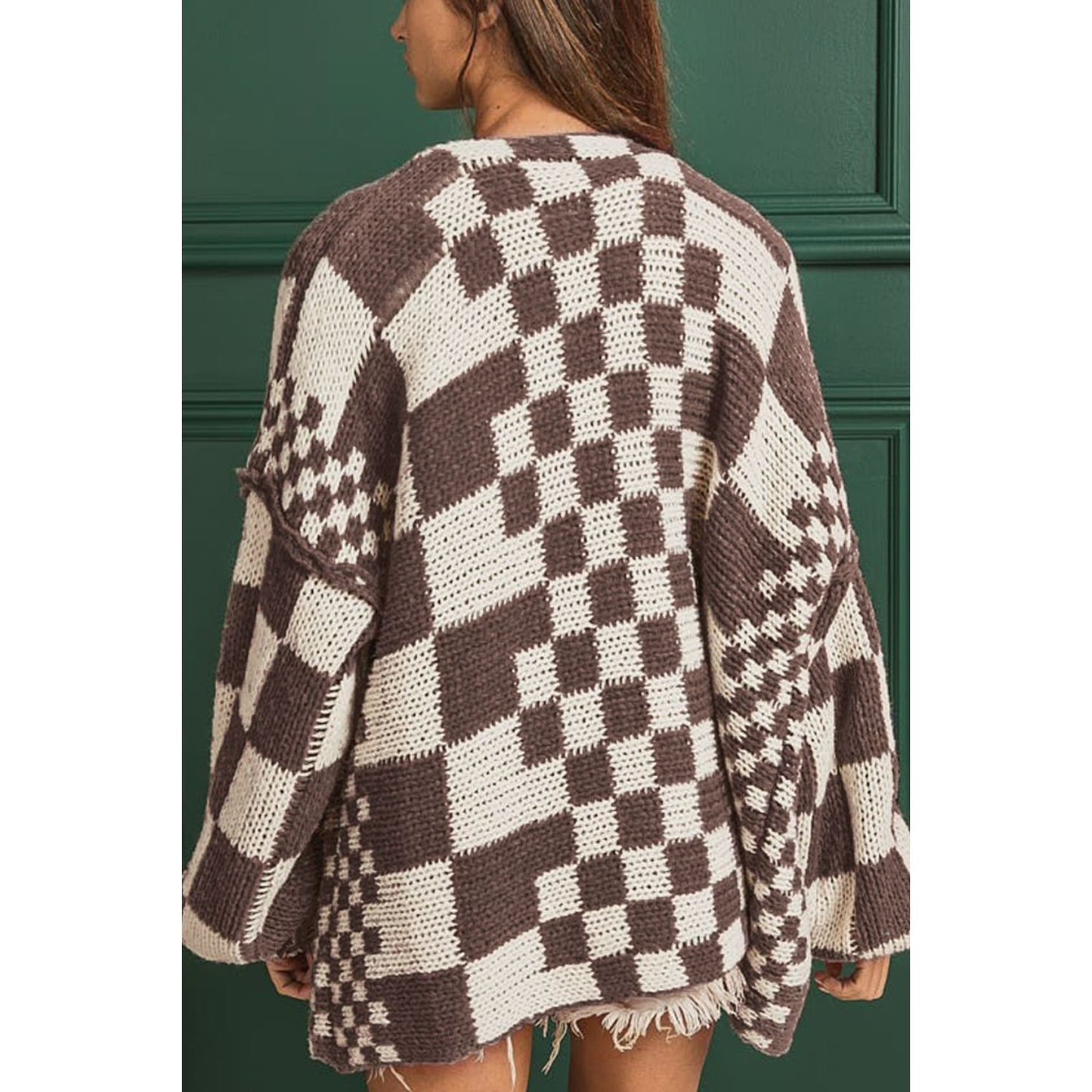 Checkered Open Front Long Sleeve Cardigan