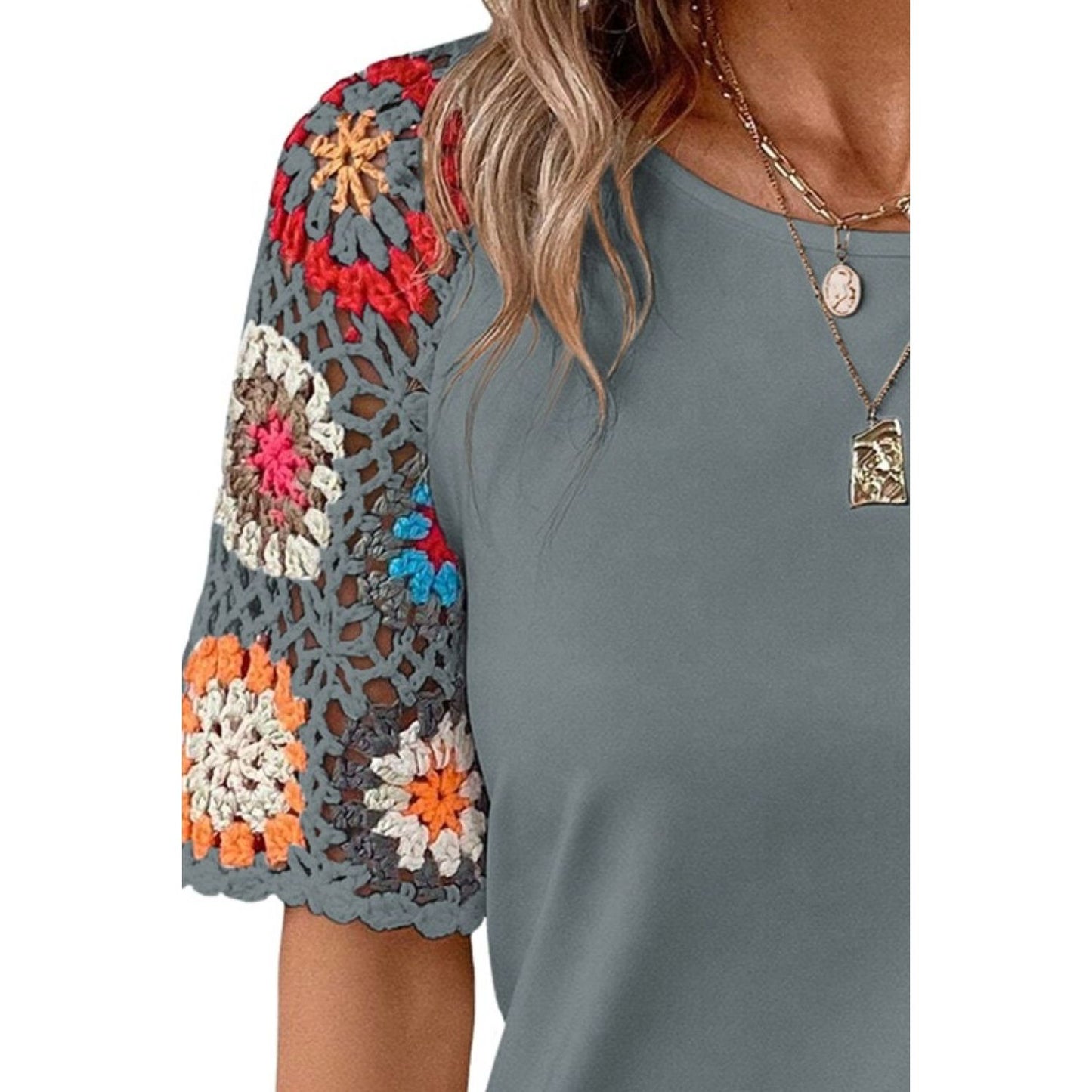 Geometric Round Neck Short Sleeve Blouse