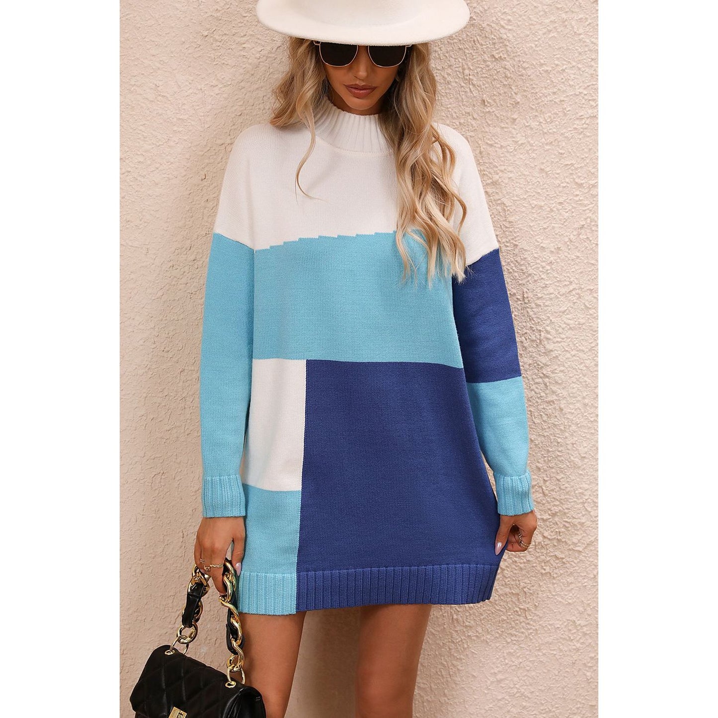 Color Block Mock Neck Dropped Shoulder Sweater Dress