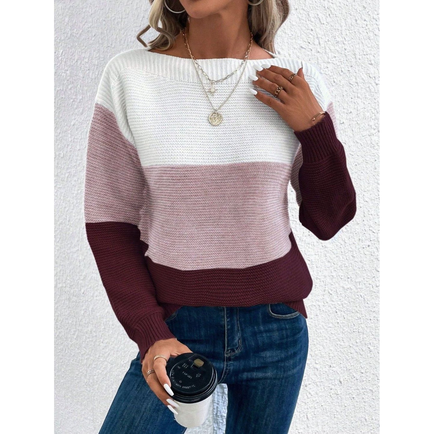 Color Block Boat Neck Sweater