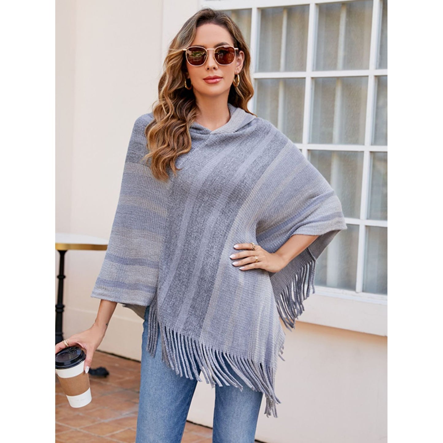 Striped Fringe Hem Hooded Poncho