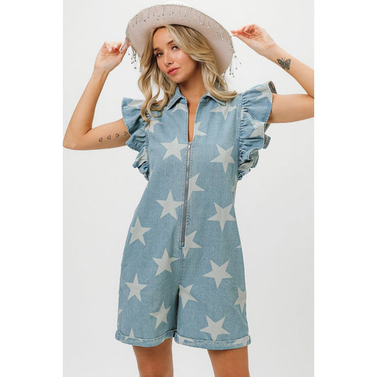 BiBi Ruffled Star Half Zip Denim Romper