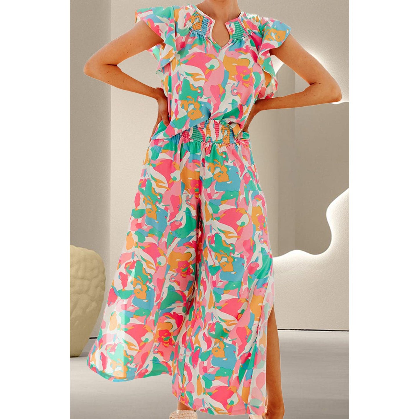 Printed Notched Cap Sleeve Top and Pants Set